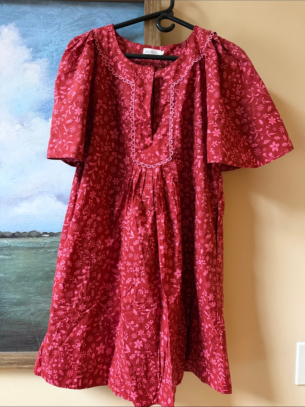 Shop the Mint Just A Theory Red Ditsy Floral Dress cotton A-line print split vee